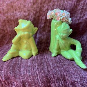 Vintage Mid Century Green Fairy Elf Vase Figurines